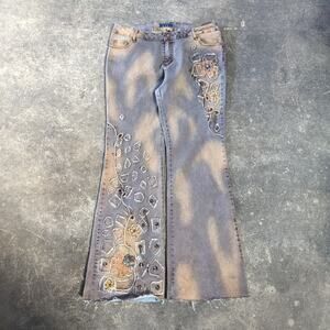 Do It Yourself Wide Leg Flare Jeans Womens 32 Tan Brown Embroidered Studded Y2K